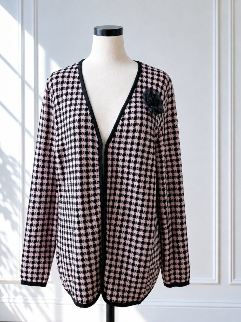 Grace Dane Lewis Pink & Black Plaid Cardigan with Floral Rosette Accent
